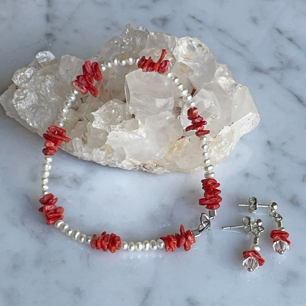 Tiny Potato Pearls w/ Small Vintage Red Coral Branches Bracelet & Earring Set